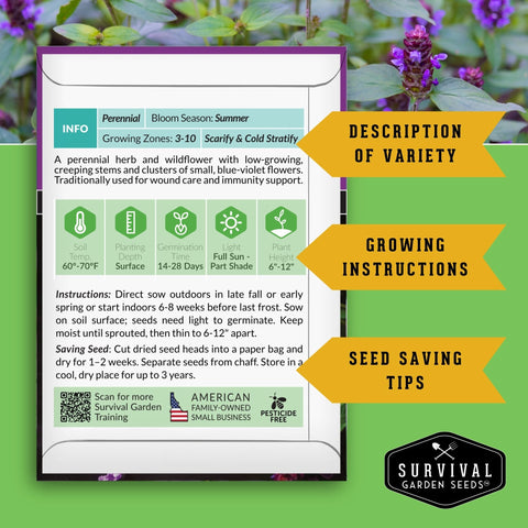 SURVIVAL GARDEN SEEDS Self-Heal flower in bloom supports pollinators.