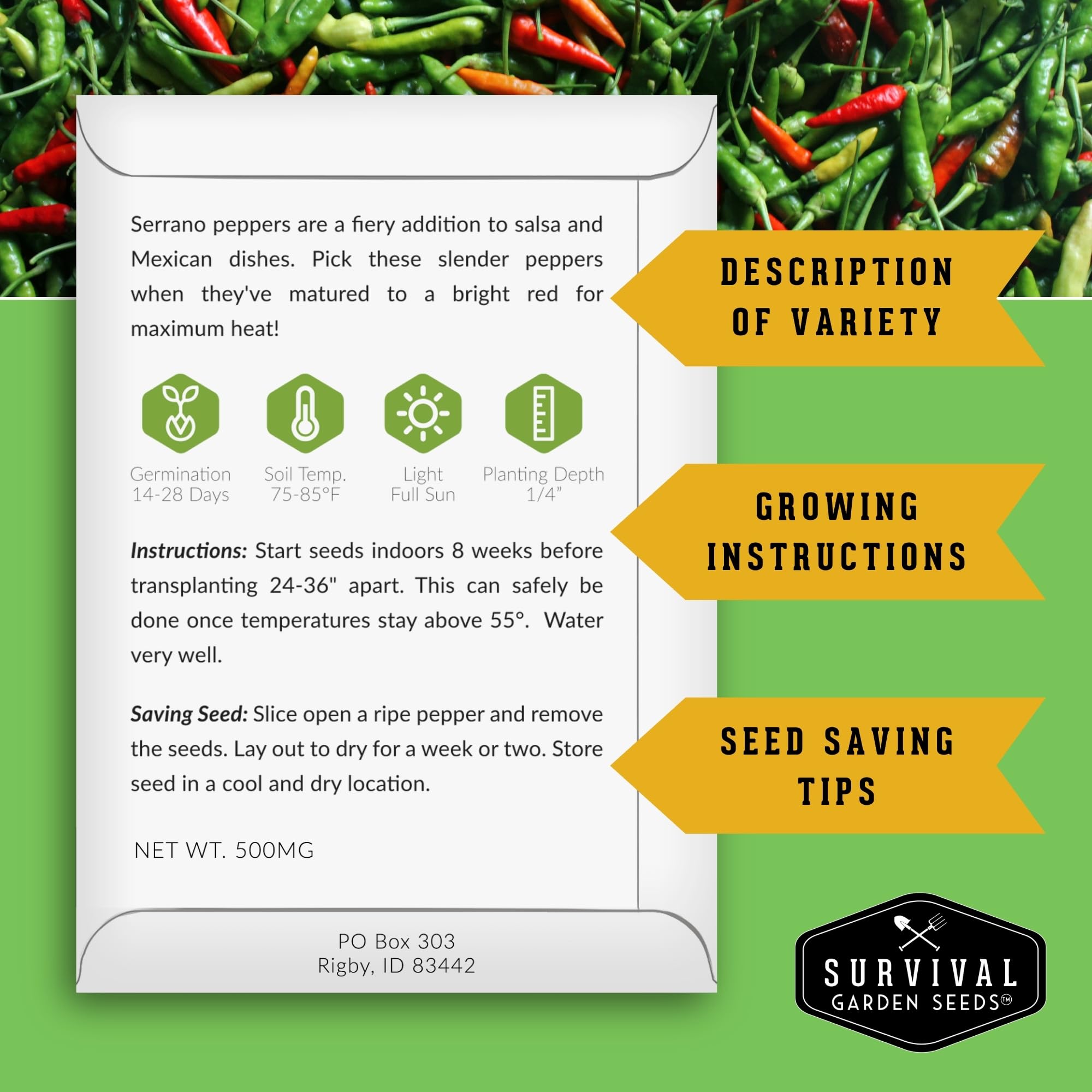 SURVIVAL GARDEN SEEDS Serrano peppers ideal for bright heat in recipes