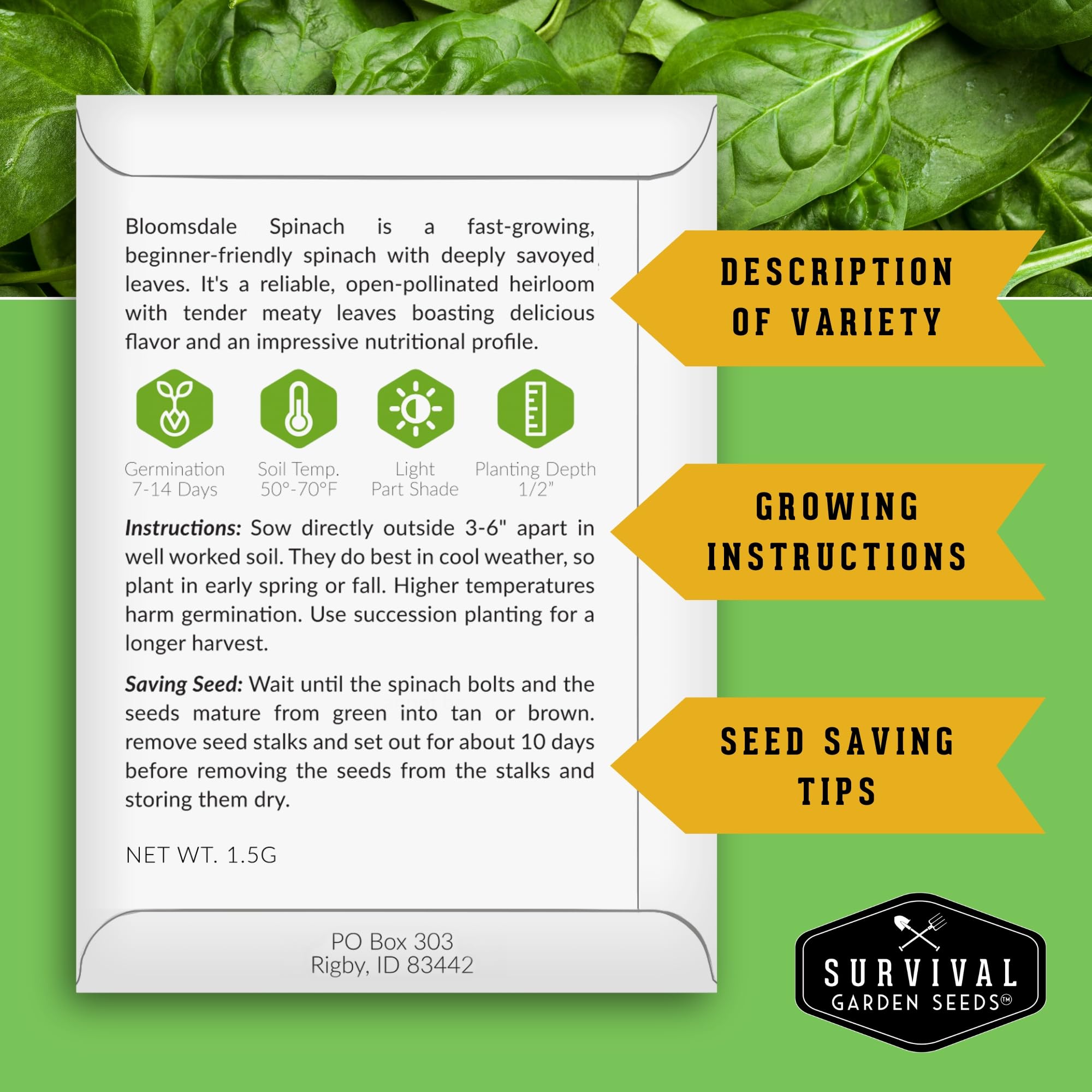 SURVIVAL GARDEN SEEDS variety labels compare Viroflay, Bloomsdale, and Noble Giant.