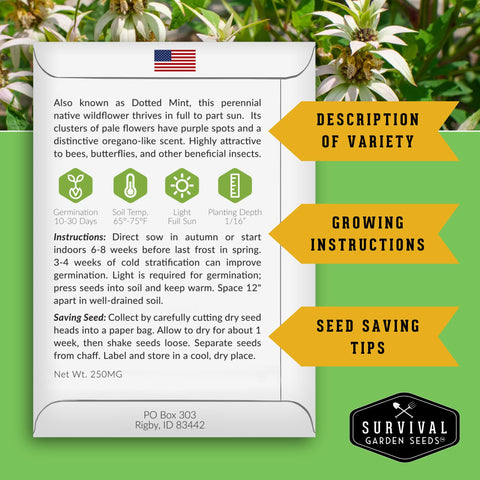 Survival Garden Seeds Monarda punctata germination guide showing 10–30 days.