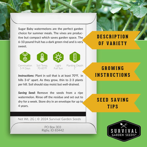 Sugar Baby watermelon seeds with compact vines for small plots and balcony gardens.