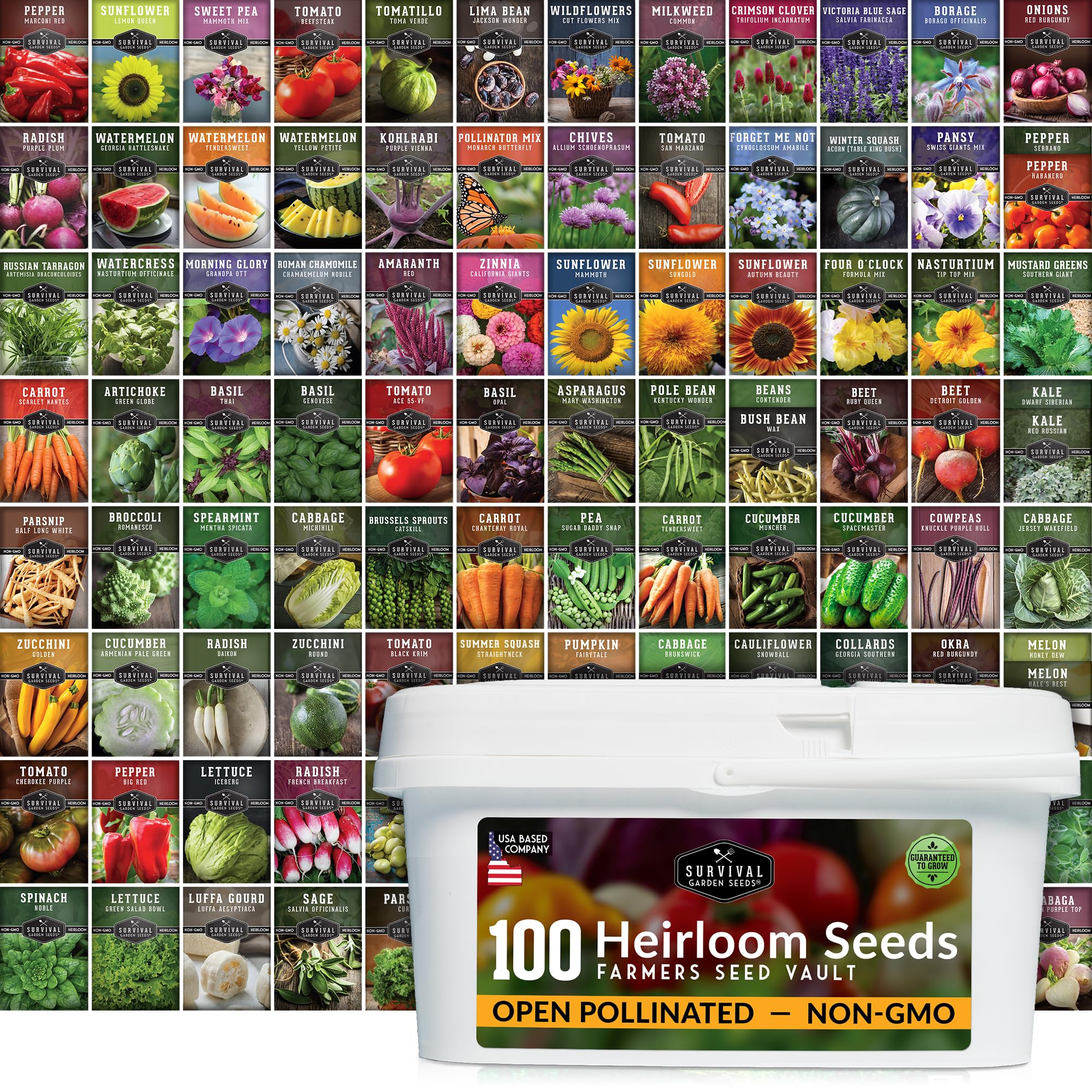 Survival Garden Seeds survival-seed-vault-kit seed packets organized for long-term storage.