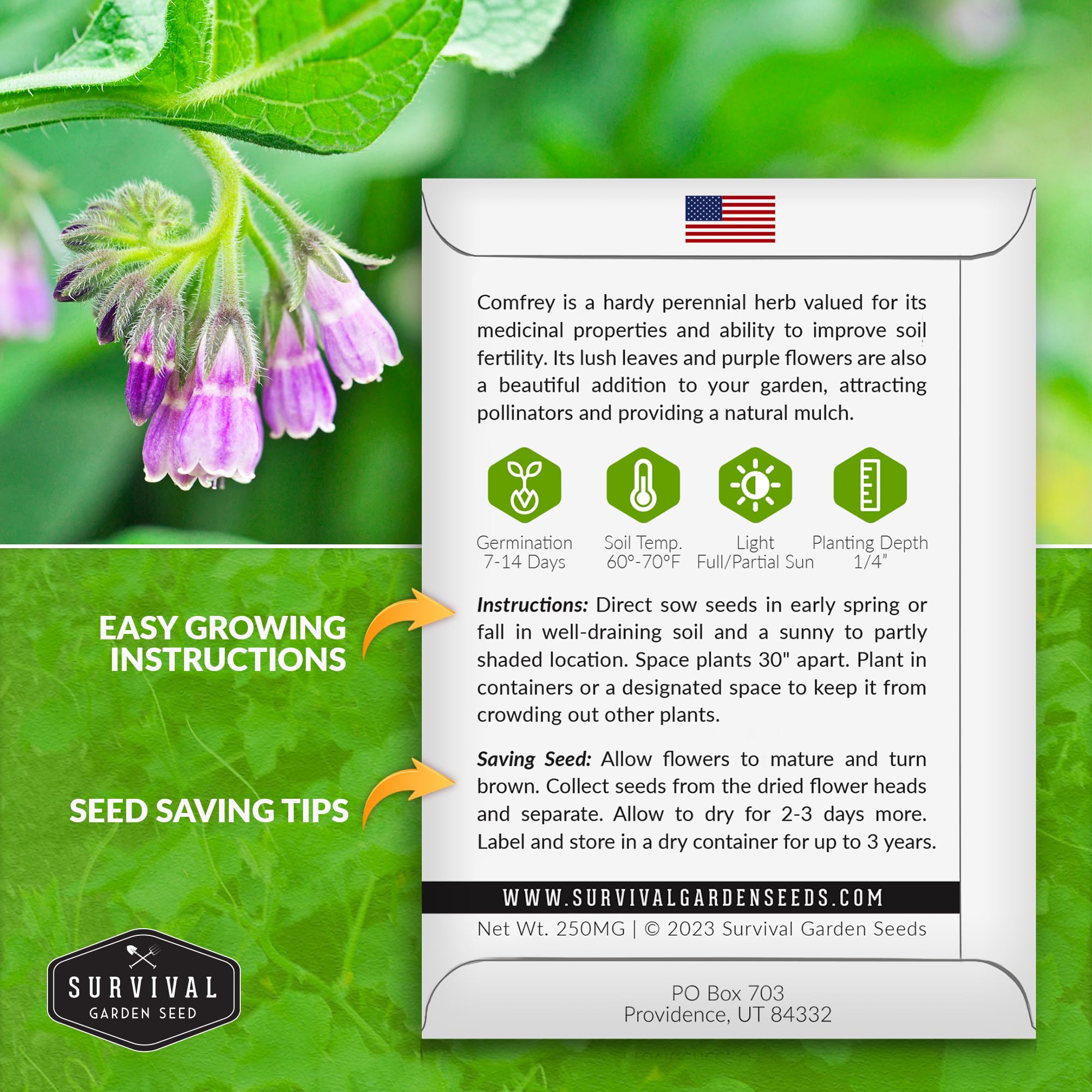 Survival Garden Seeds symphytum-officinale leaves image shows lush leaves for compost tea.