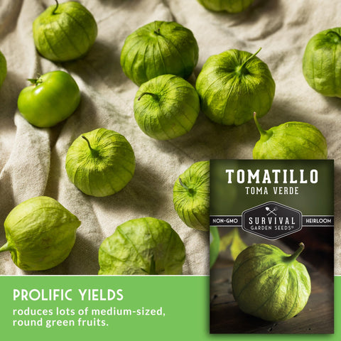 SURVIVAL GARDEN SEEDS Toma Verde back of packet with germination tips.