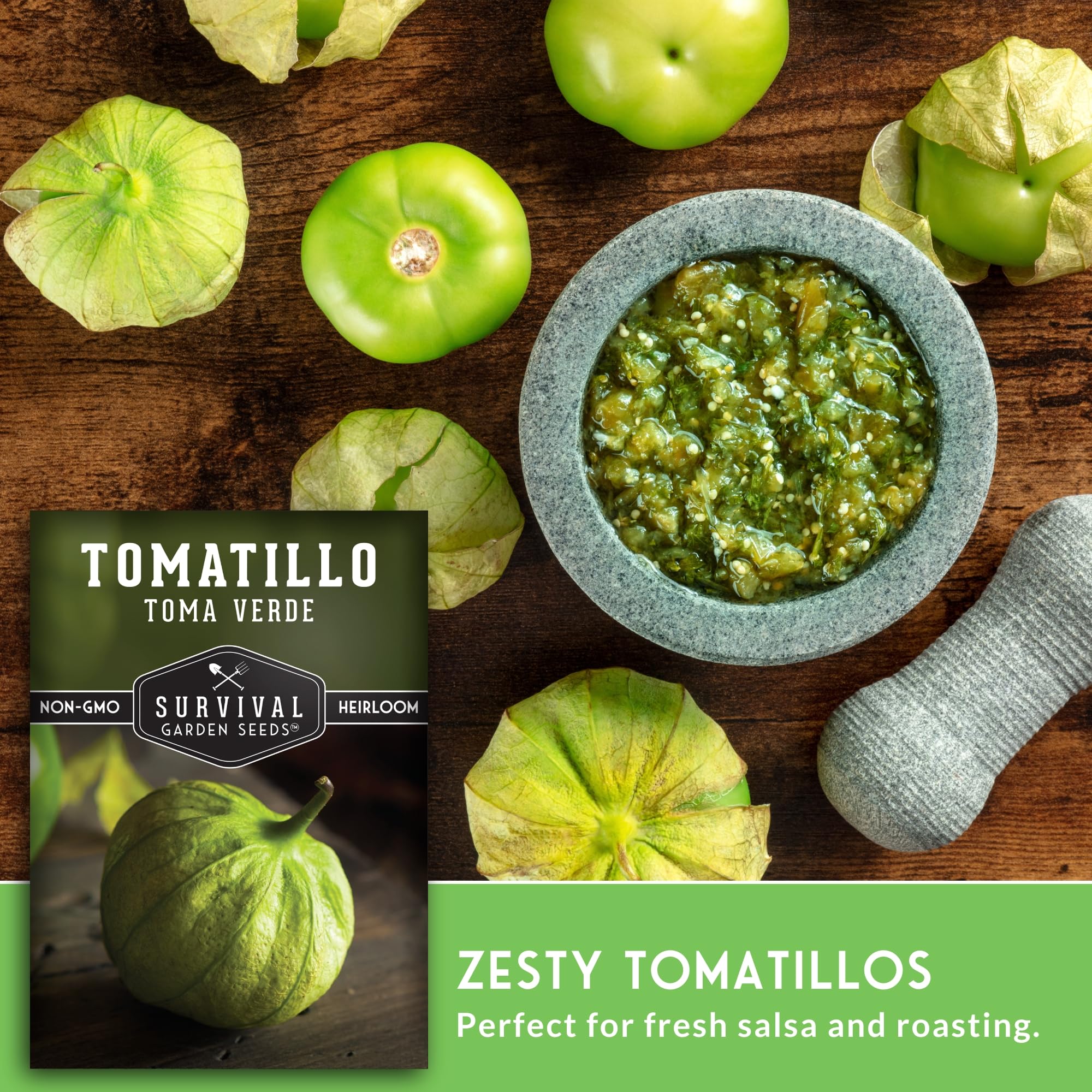 Survival Garden Seeds Toma Verde harvest-ready bright green tomatillos.