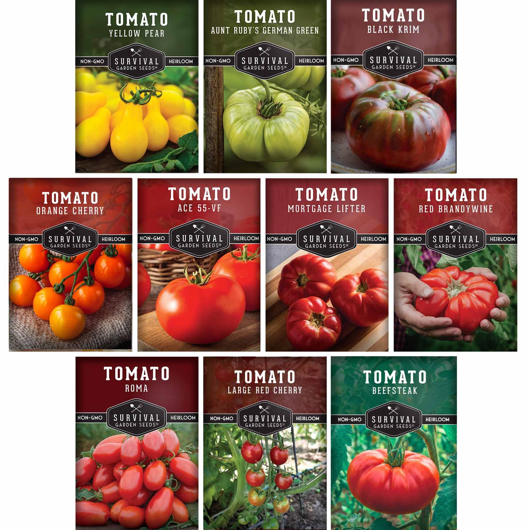 SURVIVAL GARDEN SEEDS 10-variety pack closeup of colorful heirloom tomatoes.