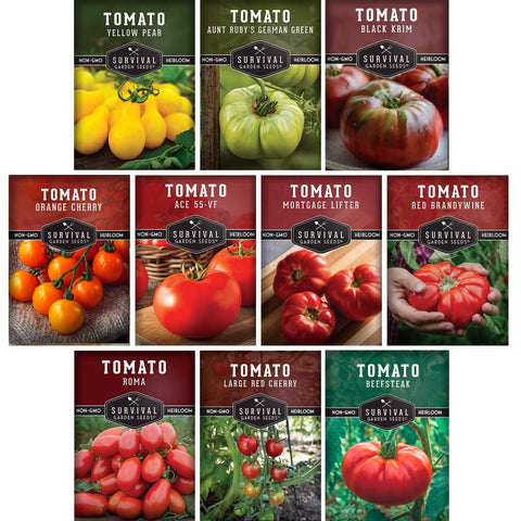SURVIVAL GARDEN SEEDS 10-variety pack closeup of colorful heirloom tomatoes.