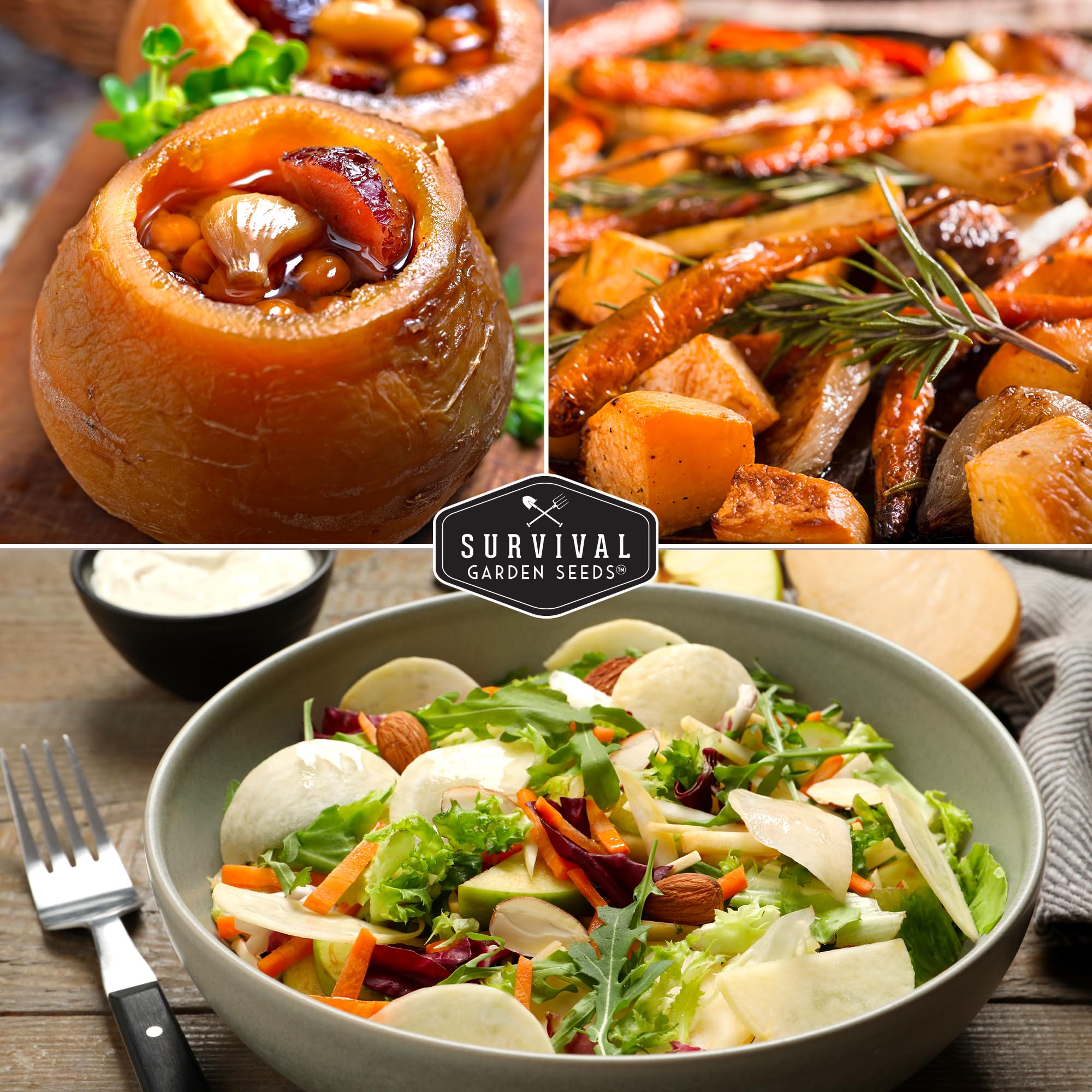 SURVIVAL GARDEN SEEDS Turnip Root Collection showcases crisp bulbs suitable for roasting.