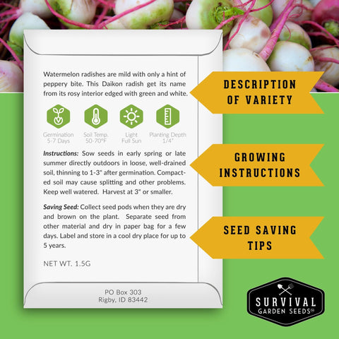 Survival Garden Seeds watermelon radish seed pack—crisp roots for fresh salads.