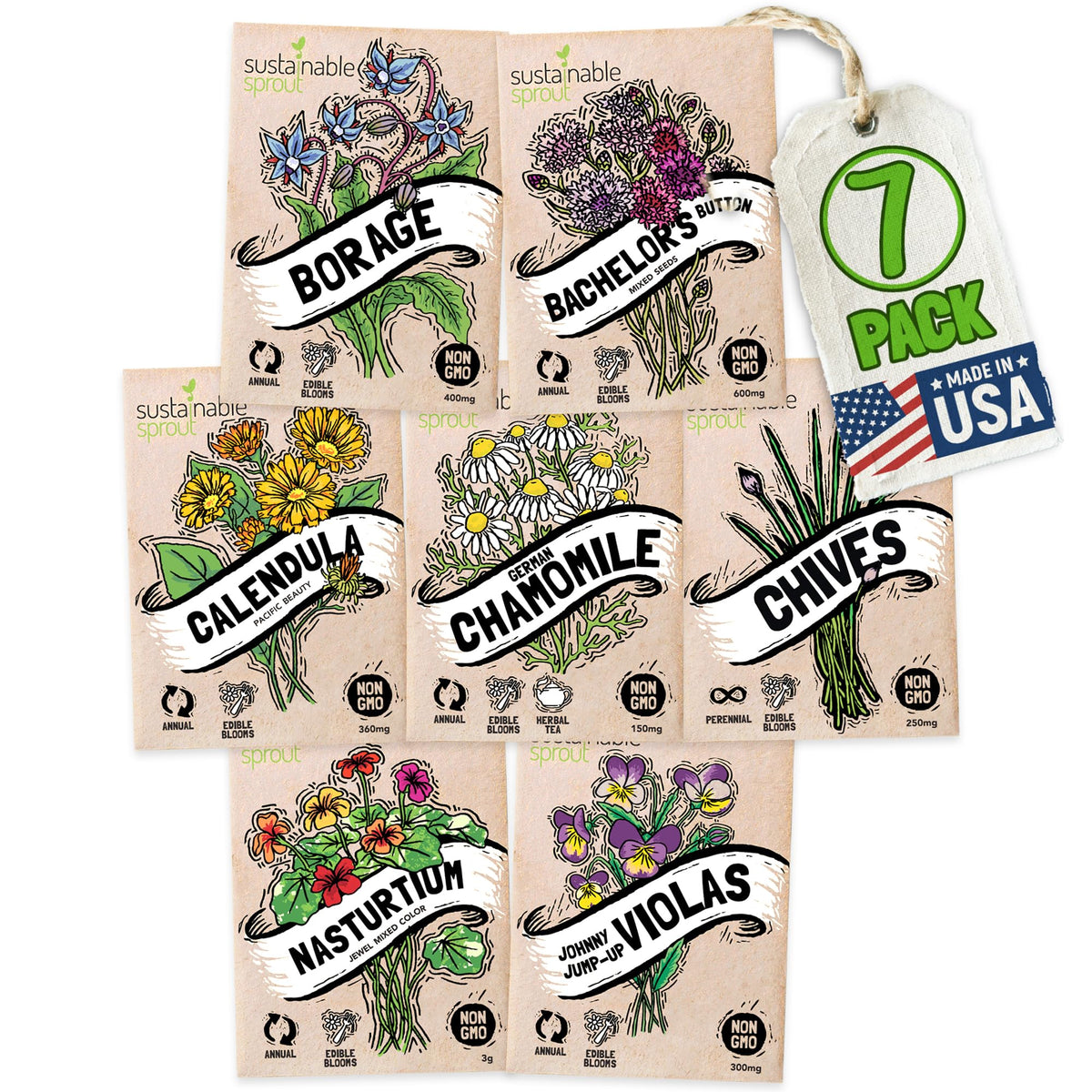 Sustainable Sprout Viola seed packets for bright edible blooms in home gardens and salads.
