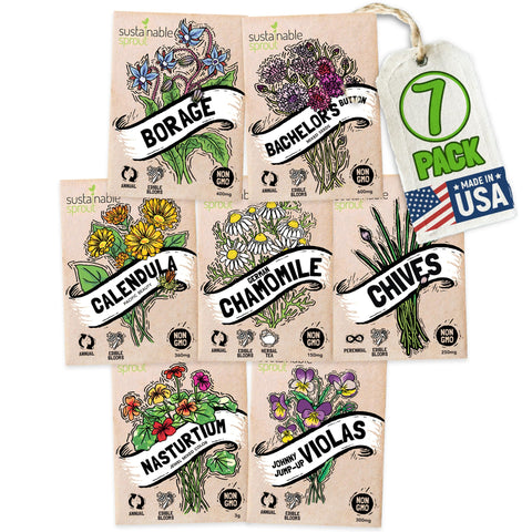 Sustainable Sprout Viola seed packets for bright edible blooms in home gardens and salads.