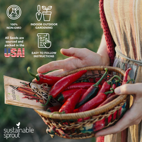 Sustainable Sprout seed packets closeup show heirloom varieties for flavorful peppers.