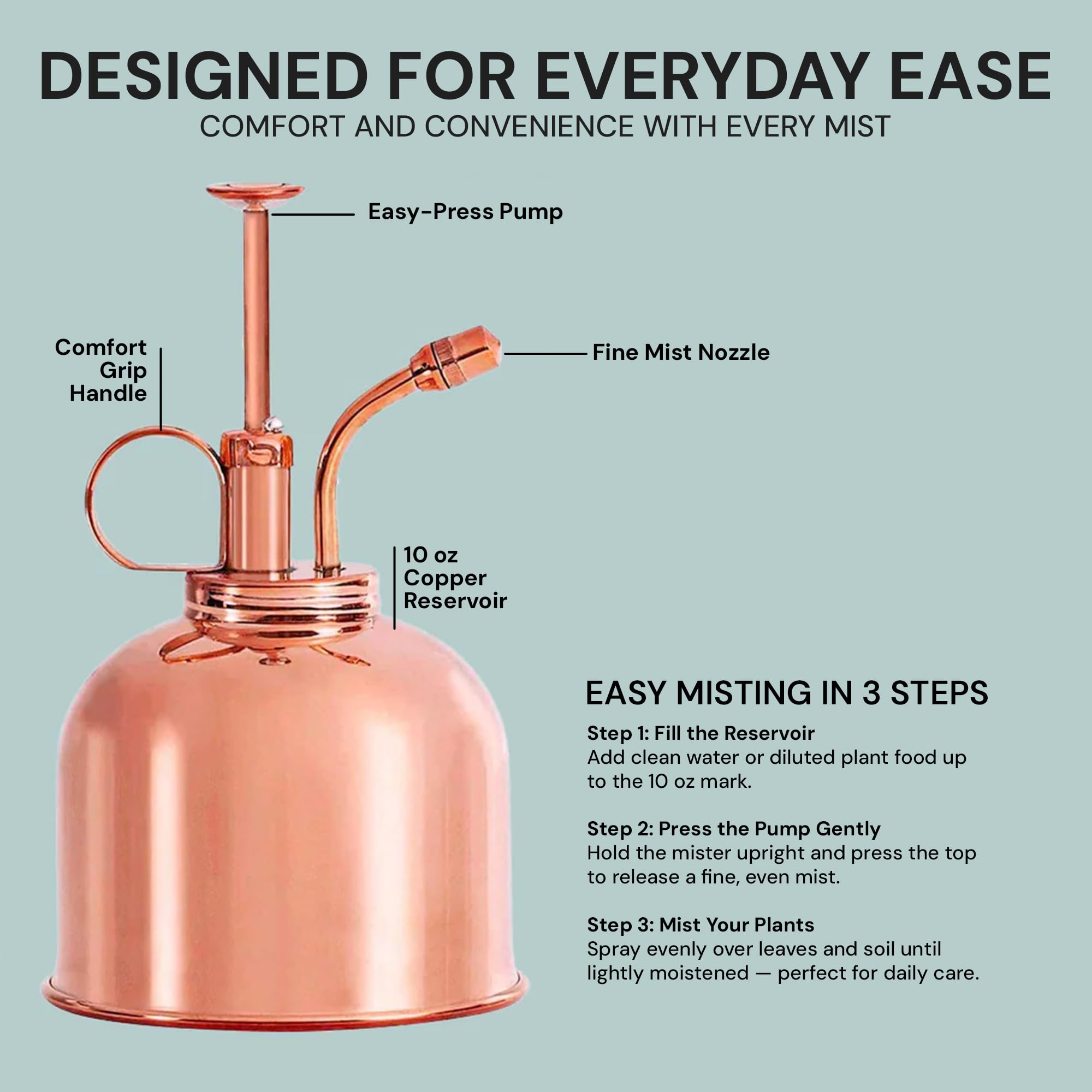 Sustainable Village rust-resistant brass-plated mister stays pristine through daily use