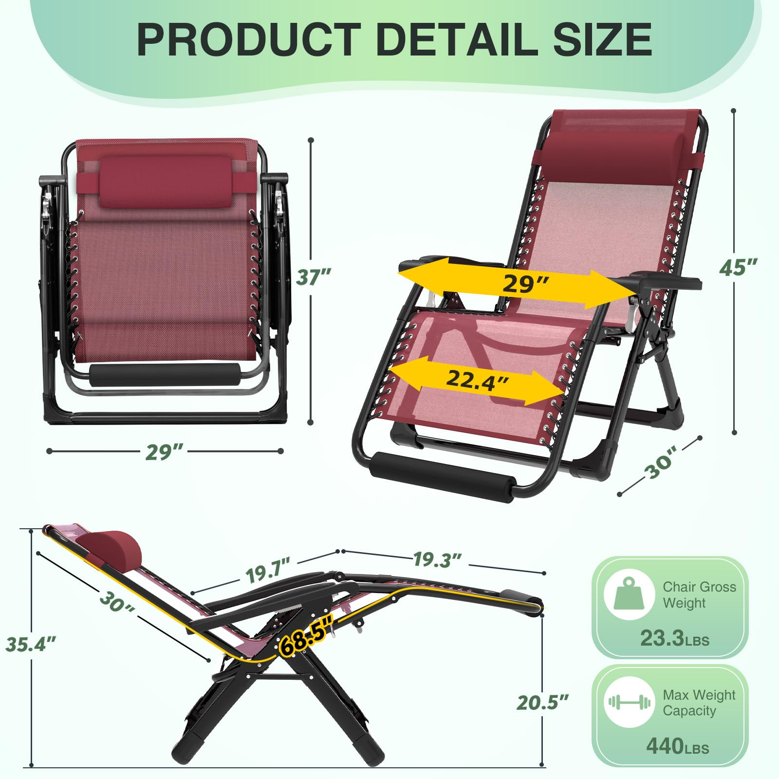 Suteck 29in XL lounge chair fully reclined for sunbathing or lounging