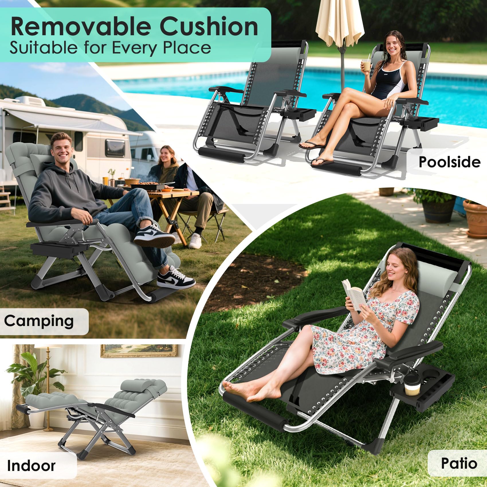 Suteck zero gravity chair backrest and headrest support for poolside relaxation.