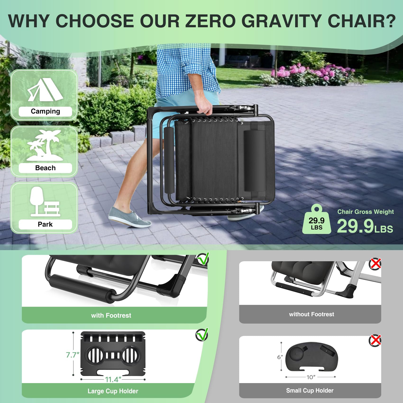 Suteck chair cup holder detail emphasizes large capacity for bottles and essentials.