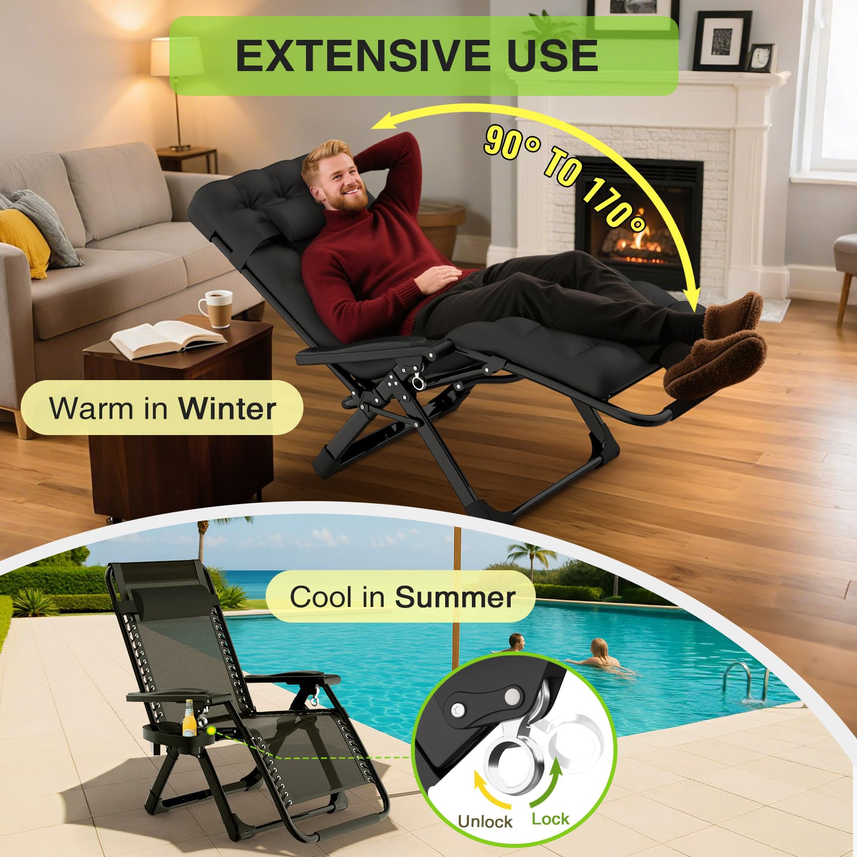 Cup holder and pillow on Suteck chair keep essentials close.