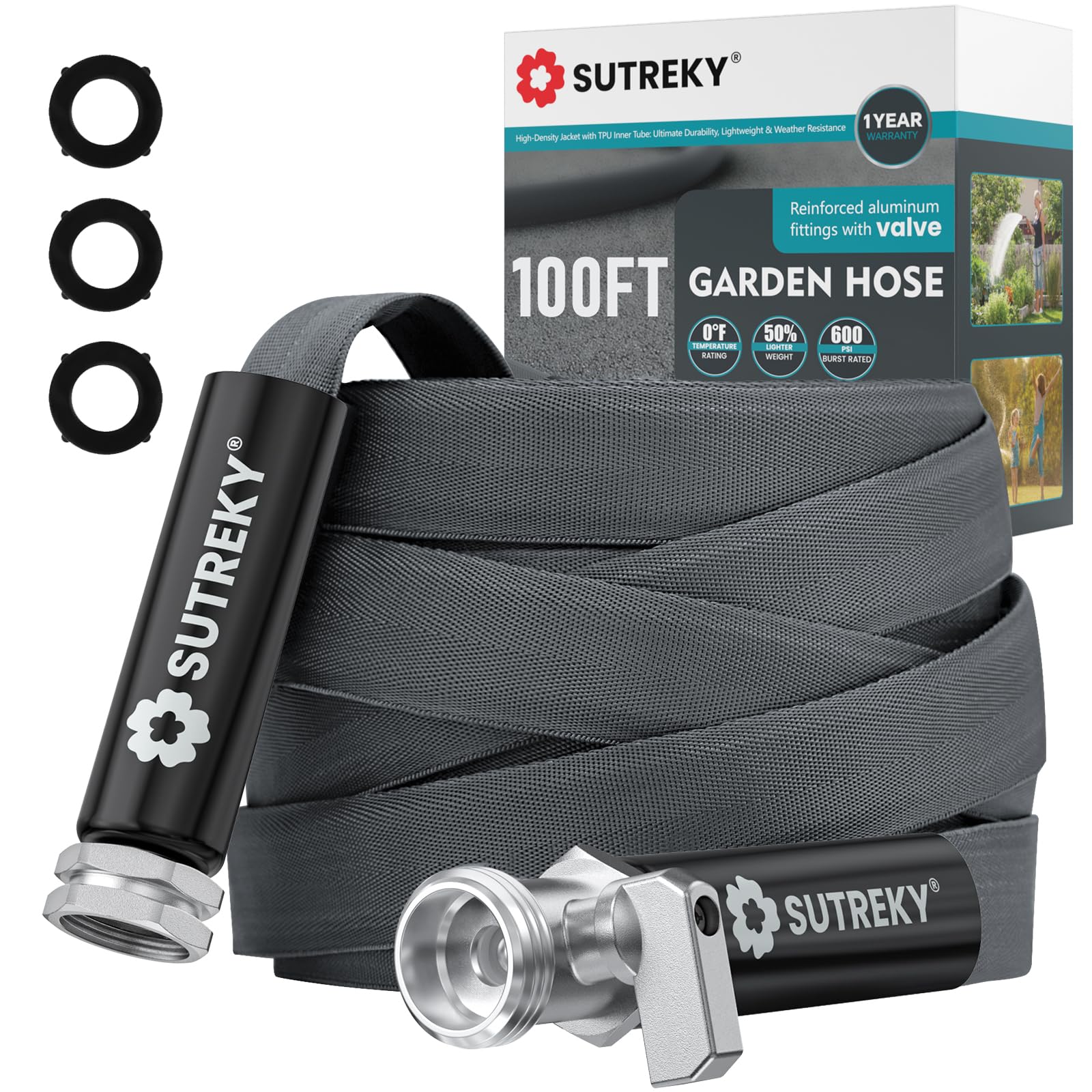 SUTREKY 100ft garden hose coiled view shows lightweight design for easy carrying