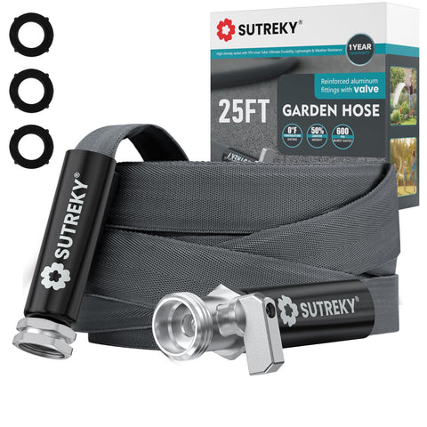 SUTREKY 25ft hose with built-in valve for leak-free watering.