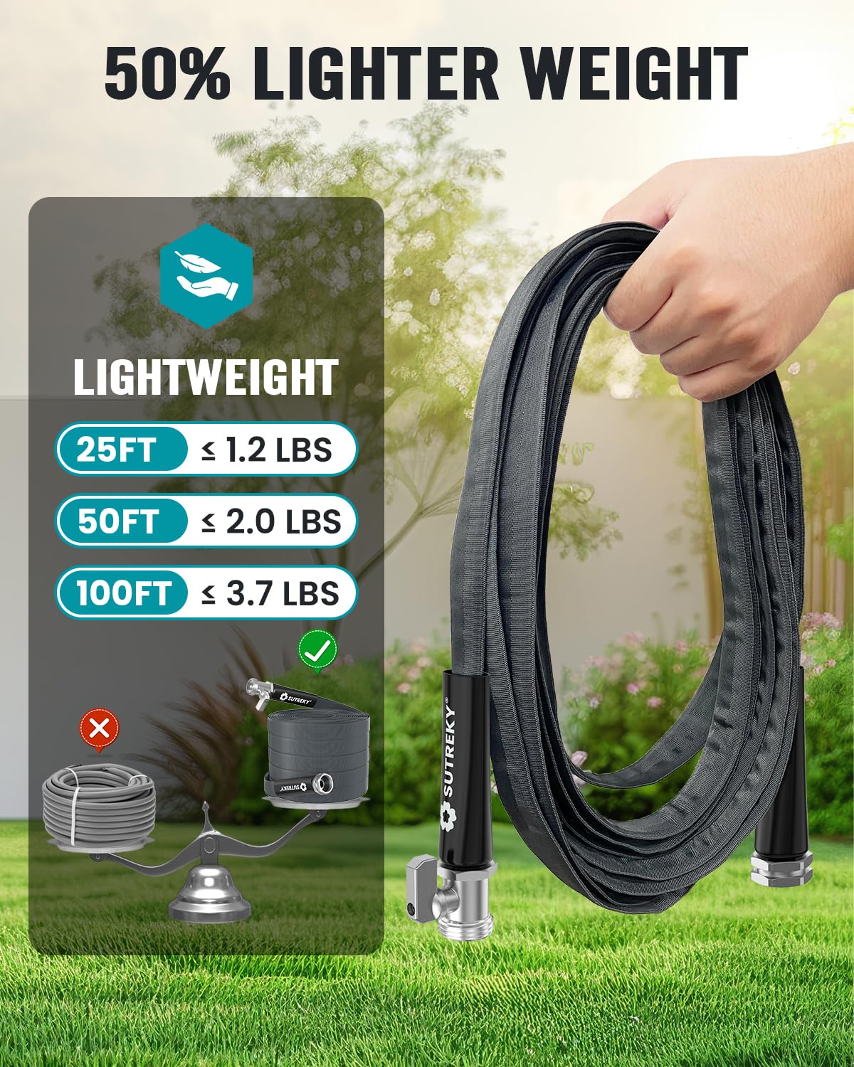 SUTREKY all-weather hose remains flexible in cold weather.
