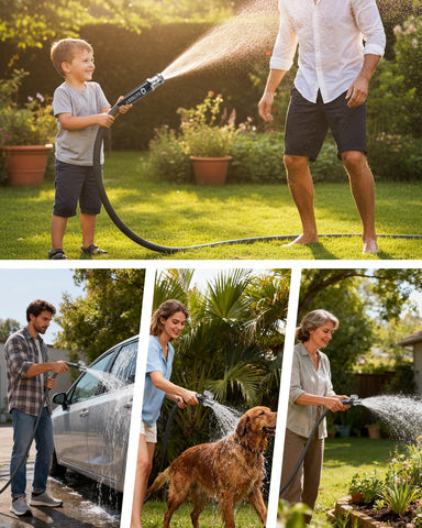 SUTREKY lightweight hose with ergonomic valve for one-handed use.
