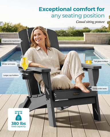 SUUNYN Adirondack chair grey with cup holder ready for beverages outdoors.