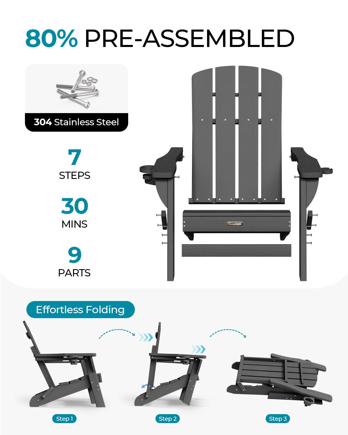 SUUNYN folding Adirondack chair assembly guide illustration.