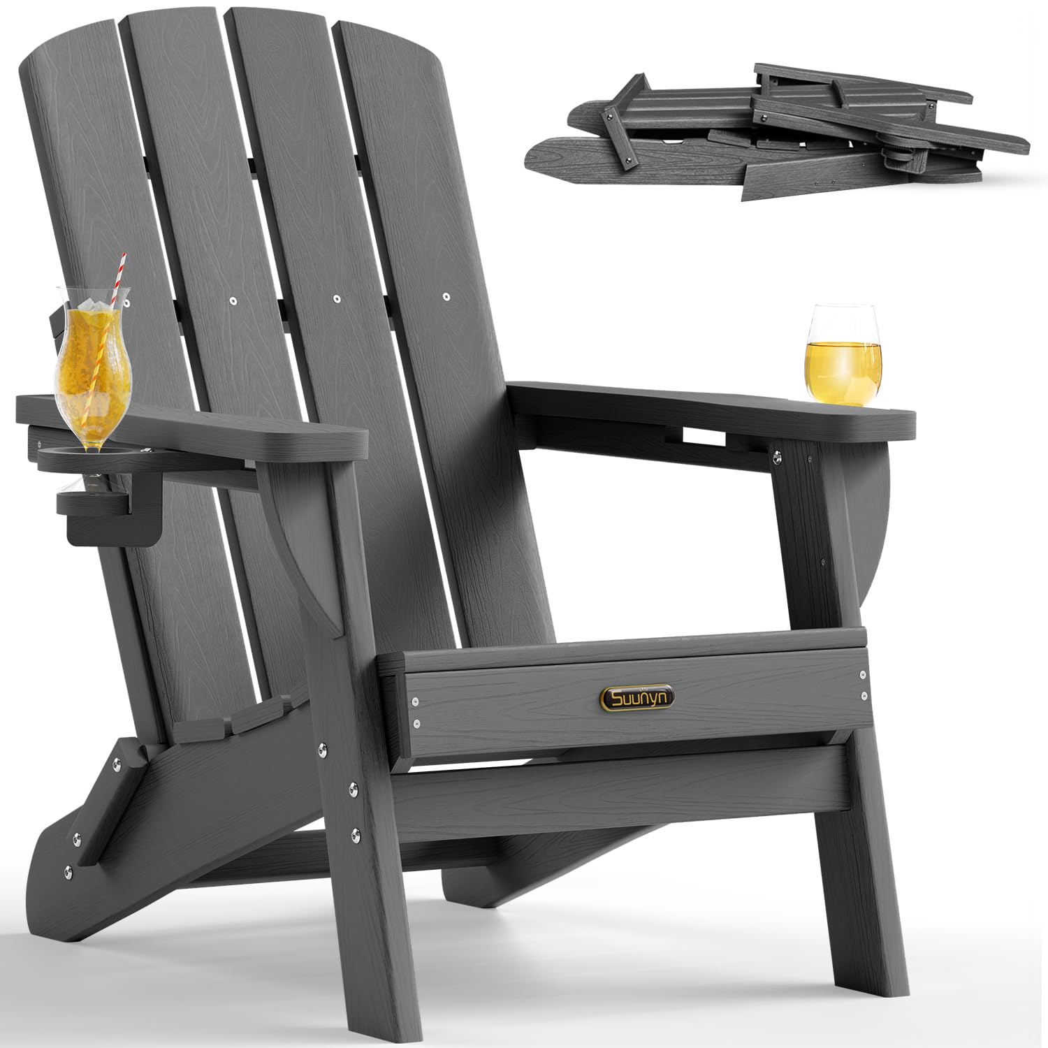 SUUNYN folding Adirondack chair grey, compact design ideal for small outdoor spaces.