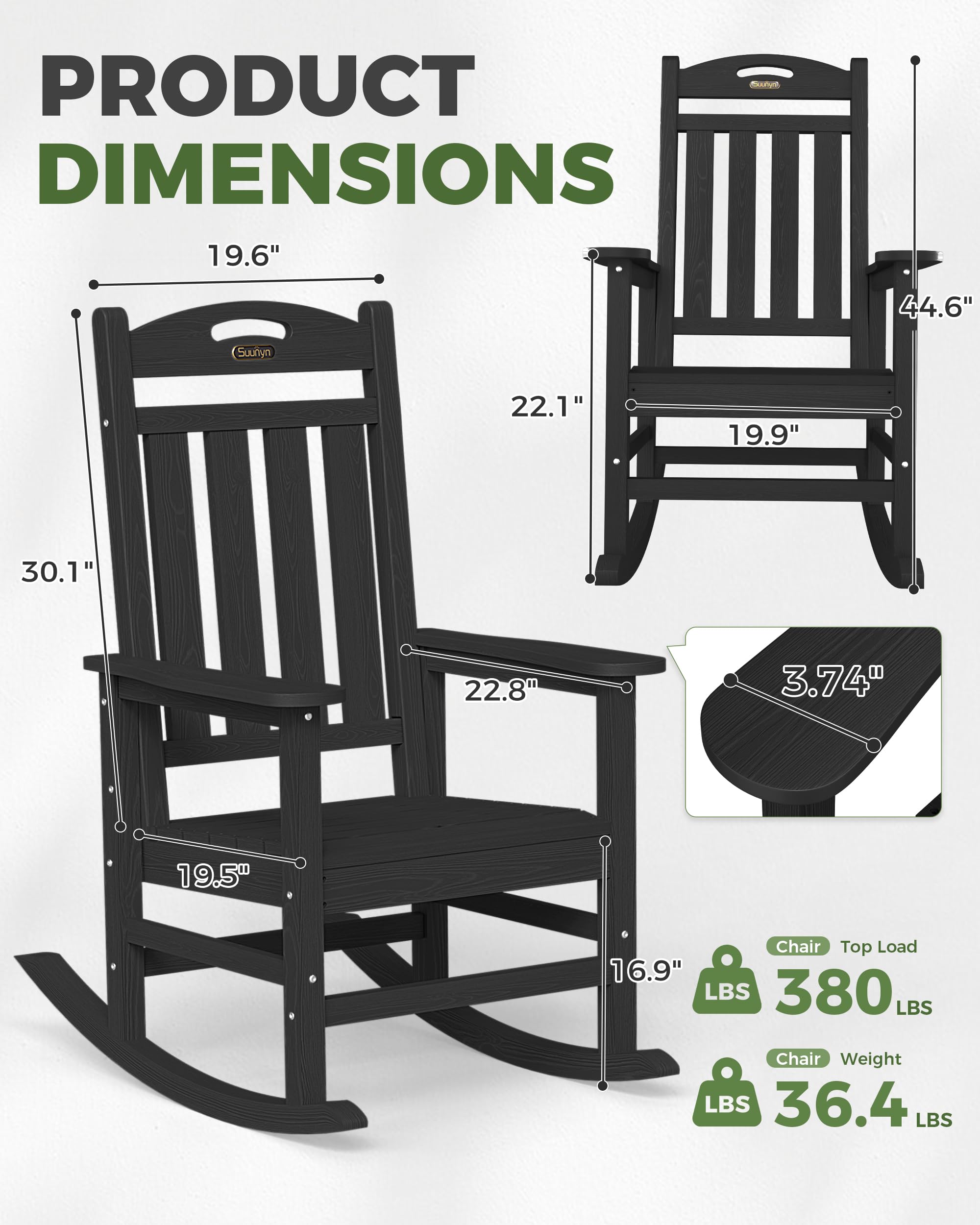 SUUNYN chair supports up to 380 lbs with stable, secure rocking.