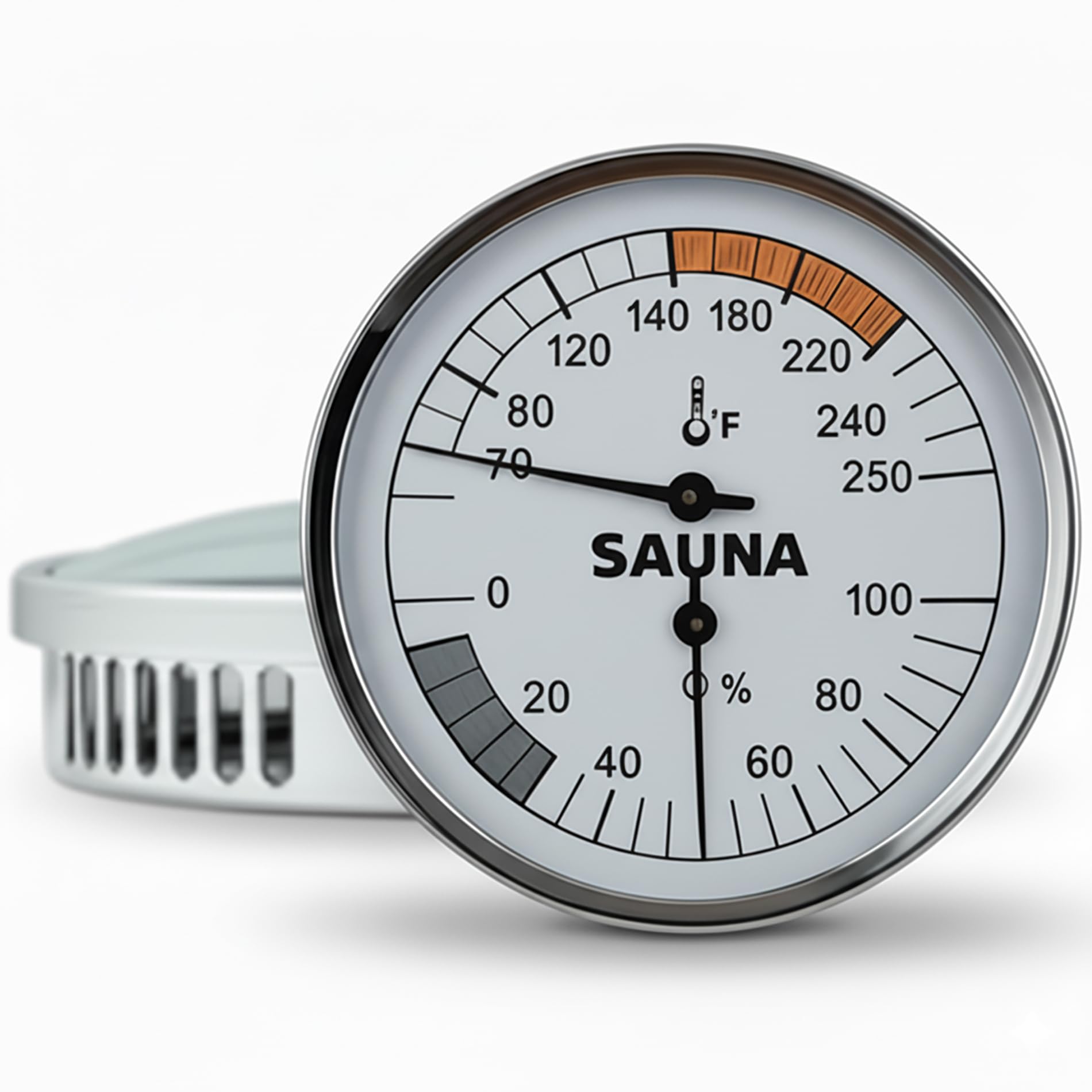 Suvast mechanical sauna thermometer dial closeup showing precise temperature reading