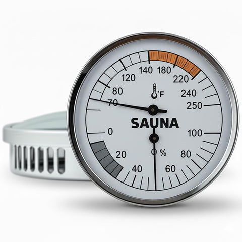 Suvast mechanical sauna thermometer dial closeup showing precise temperature reading