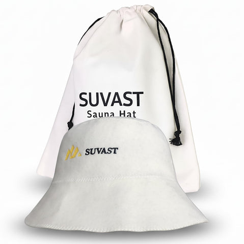 Suvast wool sauna hat on head for balanced heat during sessions