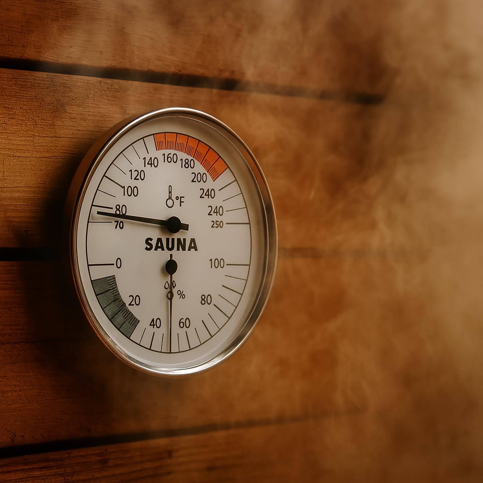 Suvast 2-in-1 gauge reading the sauna temperature during use