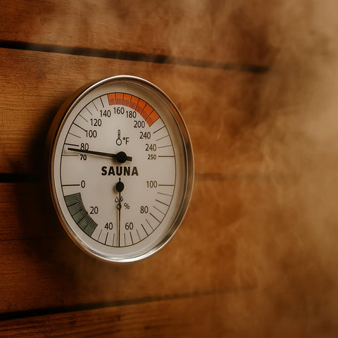 Suvast 2-in-1 gauge reading the sauna temperature during use