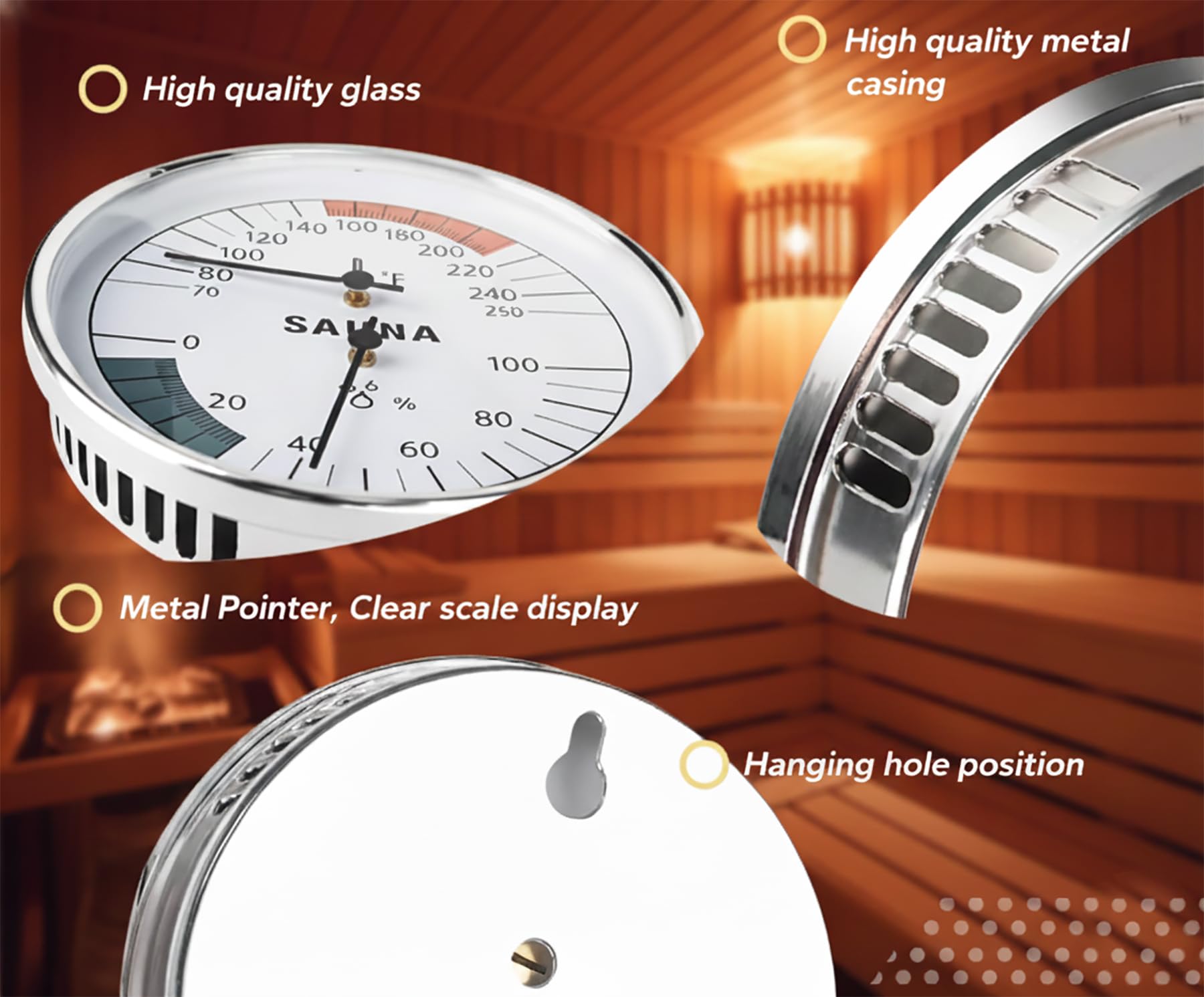 Suvast stainless steel sauna thermometer front view complements modern decor
