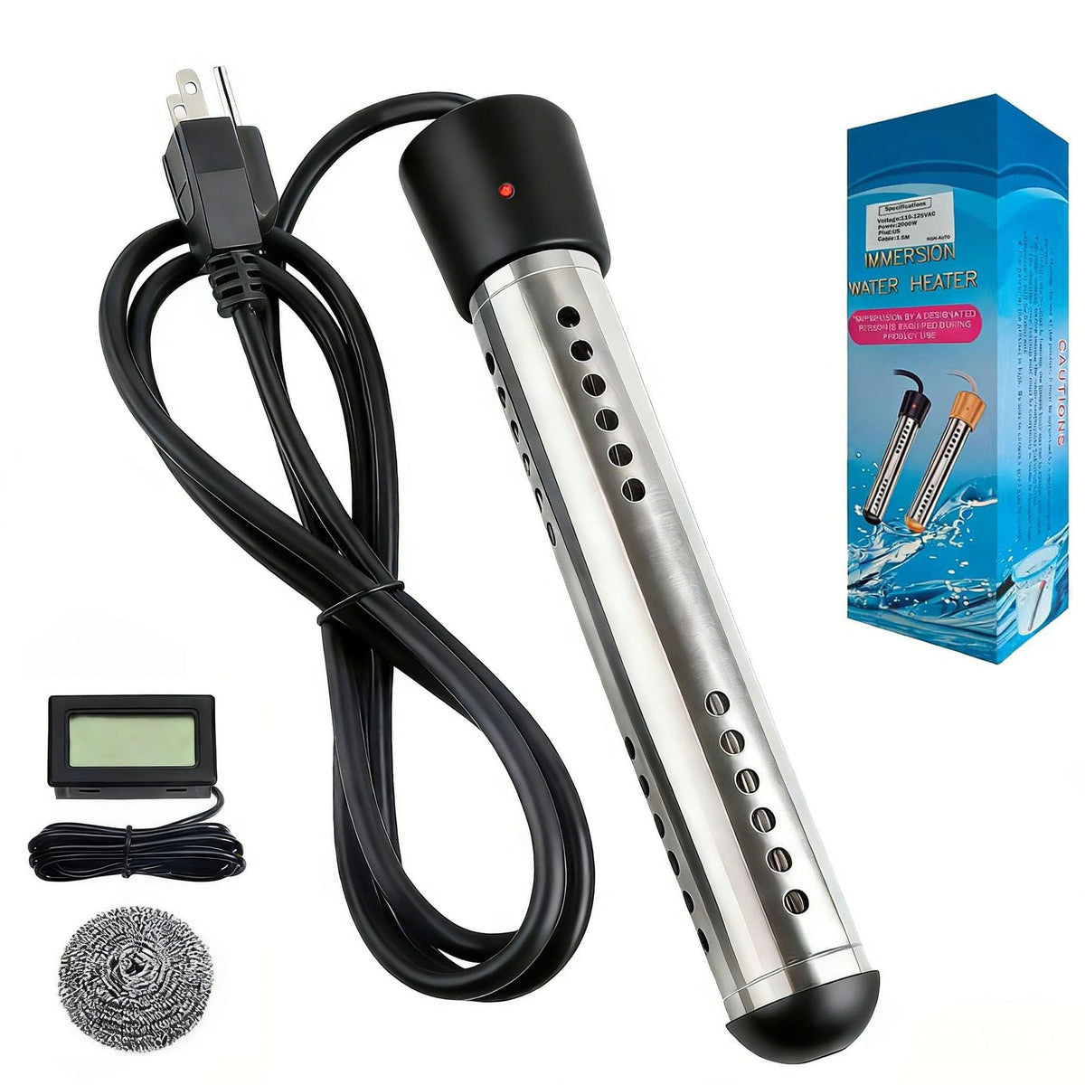 Suwdjpwo 2000W immersion heater with stainless guard for safe, rapid water warming.