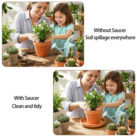 Suwimut saucer with drainage hole helps prevent root rot.