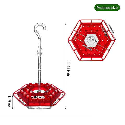 Suyue Y red hummingbird feeder hanging outdoors on a patio to invite visits.