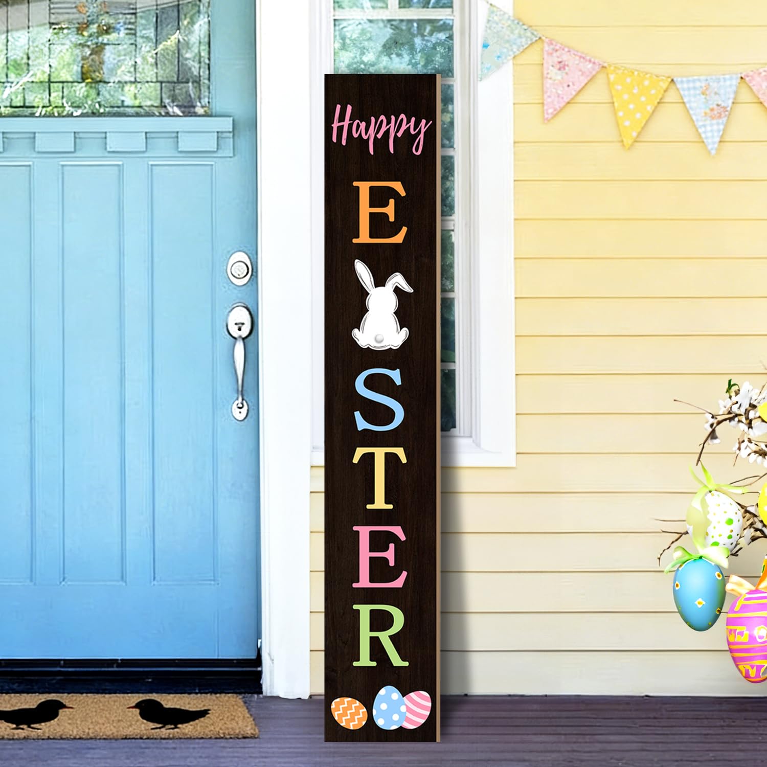 Suzejhe Easter porch sign with bunny welcome on wood frame for outdoor display.