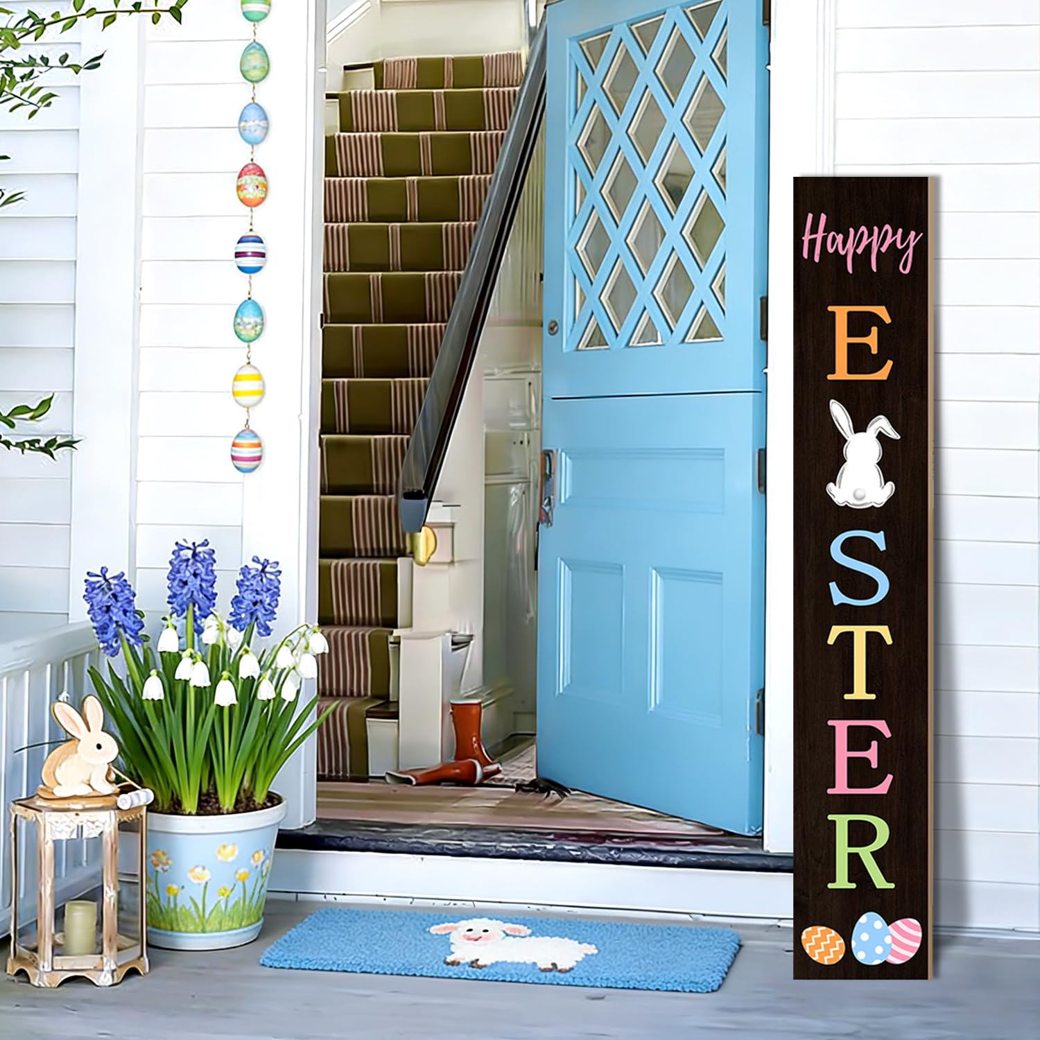 Suzejhe Happy Easter message with colorful eggs enhances seasonal ambiance.