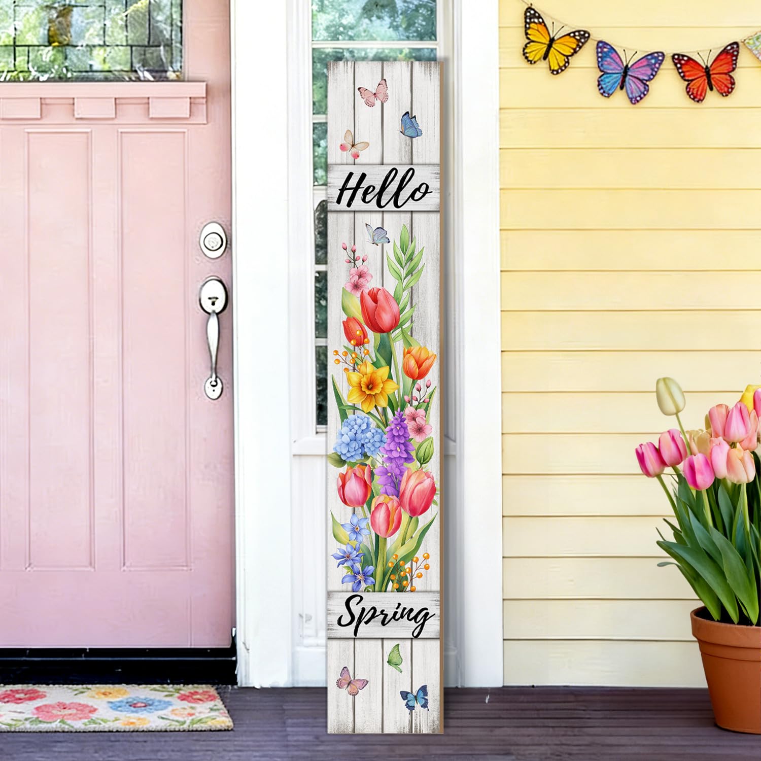 SUZEJHE Hello Spring Porch Sign with tulips and butterflies welcomes guests.