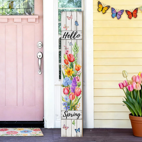 SUZEJHE Hello Spring Porch Sign with tulips and butterflies welcomes guests.