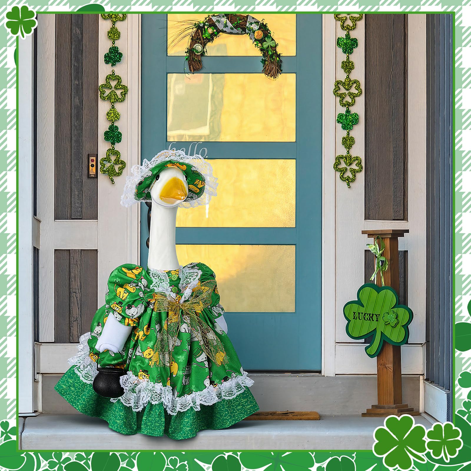 Suzile 23-inch cement goose outfit fits standard geese and withstands breezes for outdoor use.