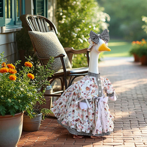 Suzile porch goose costume fabric closeup shows sturdy material for outdoors.