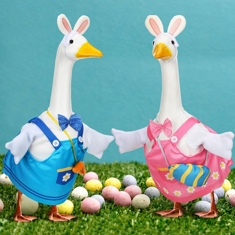 Suzile Easter bunny goose outfit on a pink and blue porch goose for festive curb appeal.