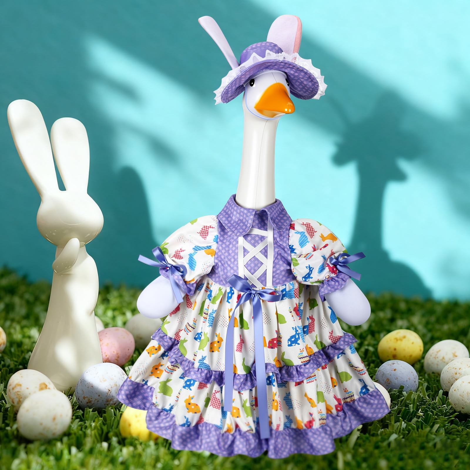Suzile Easter bunny goose outfit on a 23-inch goose for a festive porch display