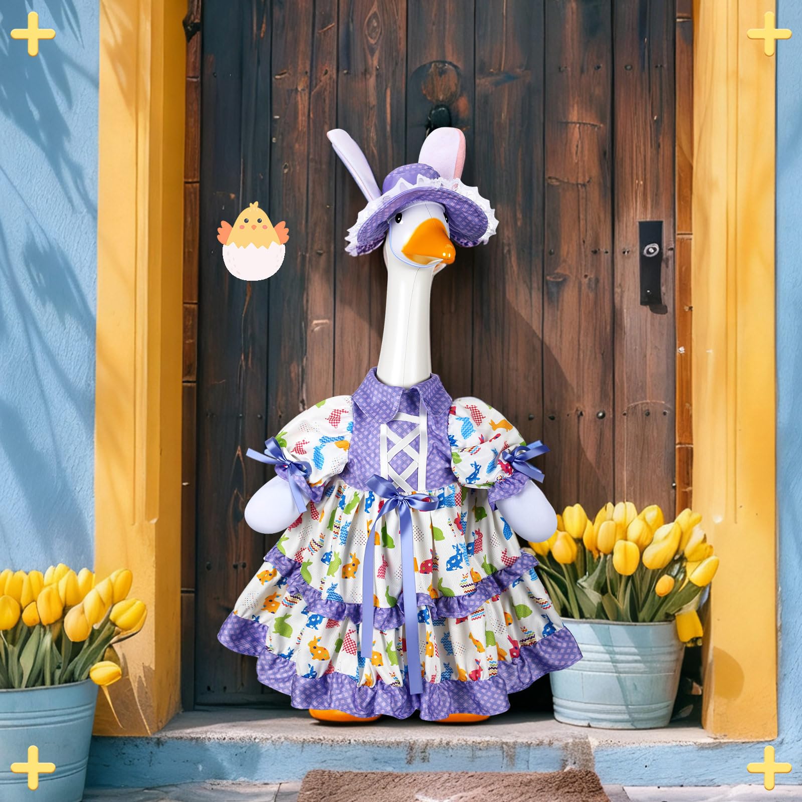 Suzile Easter-pattern goose-costume enhances garden parties with playful color