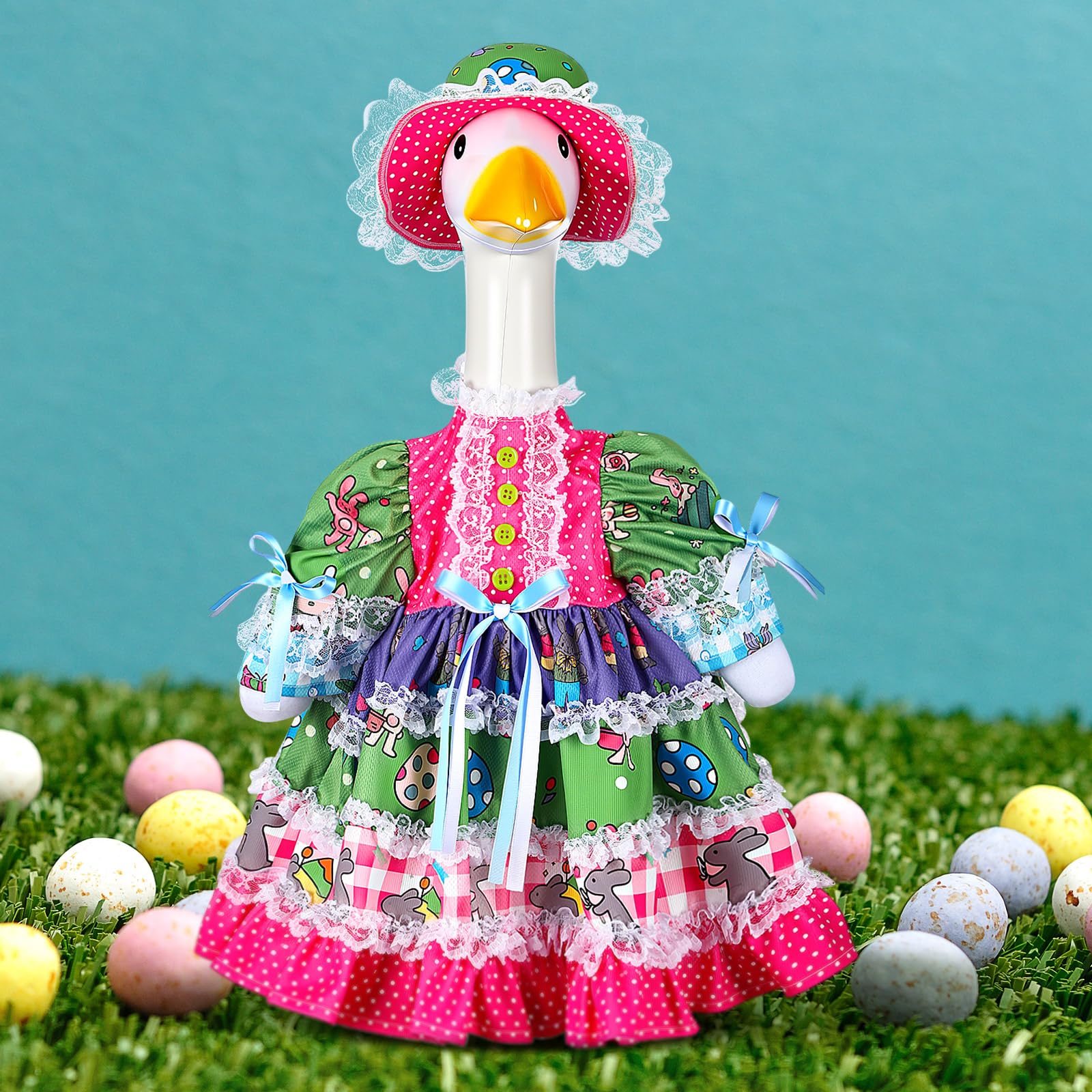 Suzile Easter rabbit goose outfit on 23-inch goose, sunny porch display for curb appeal.