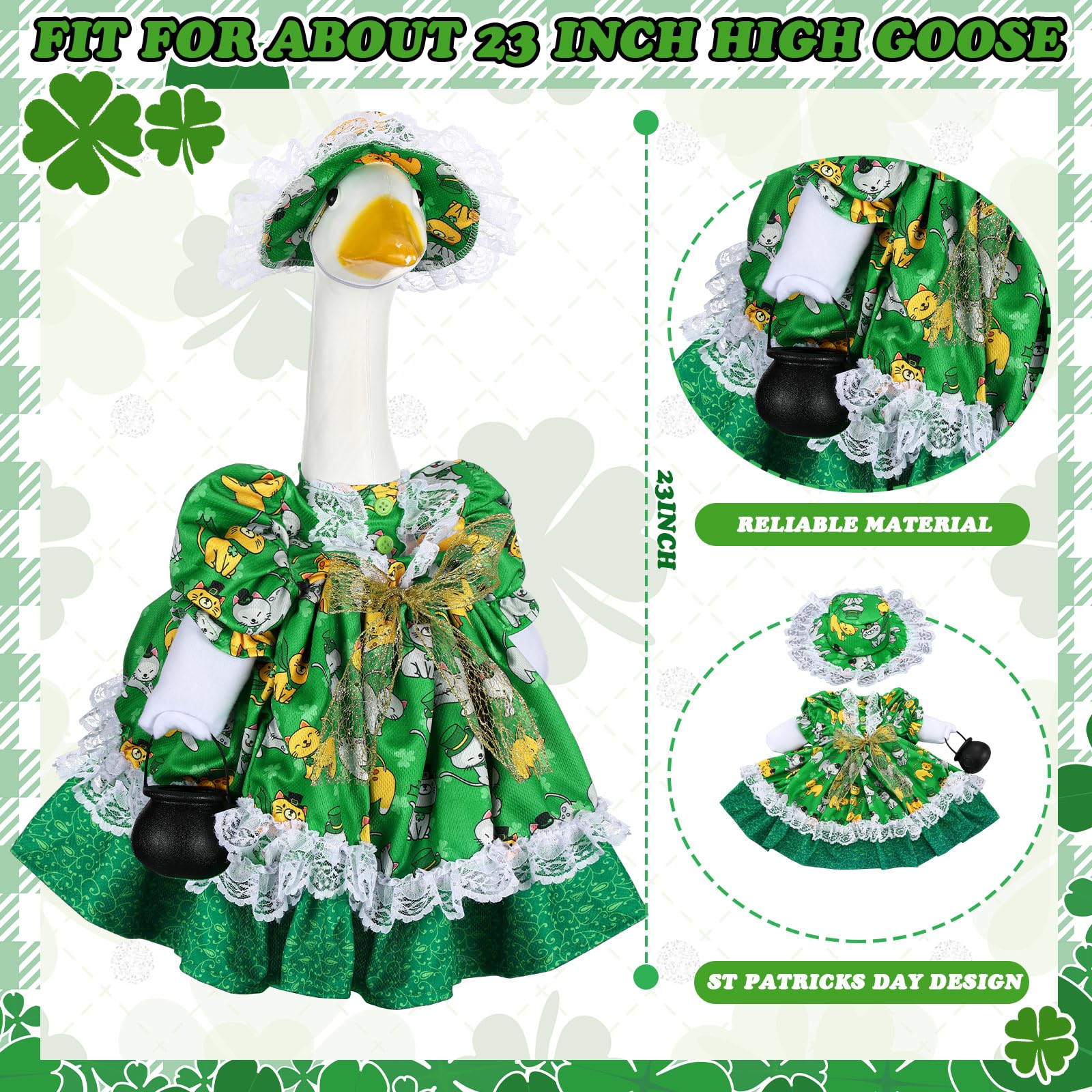 Suzile green clover dress with lace bonnet adds outdoor decor charm.