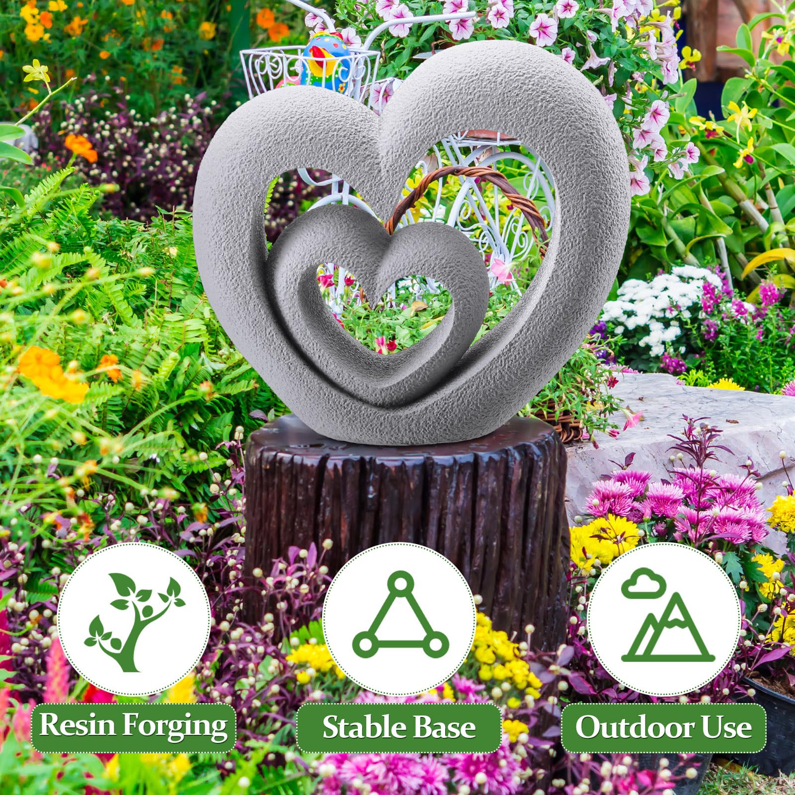 Suzile Nesting Heart Garden Statue in sunlight, adds warmth and contemporary charm to outdoor spaces.